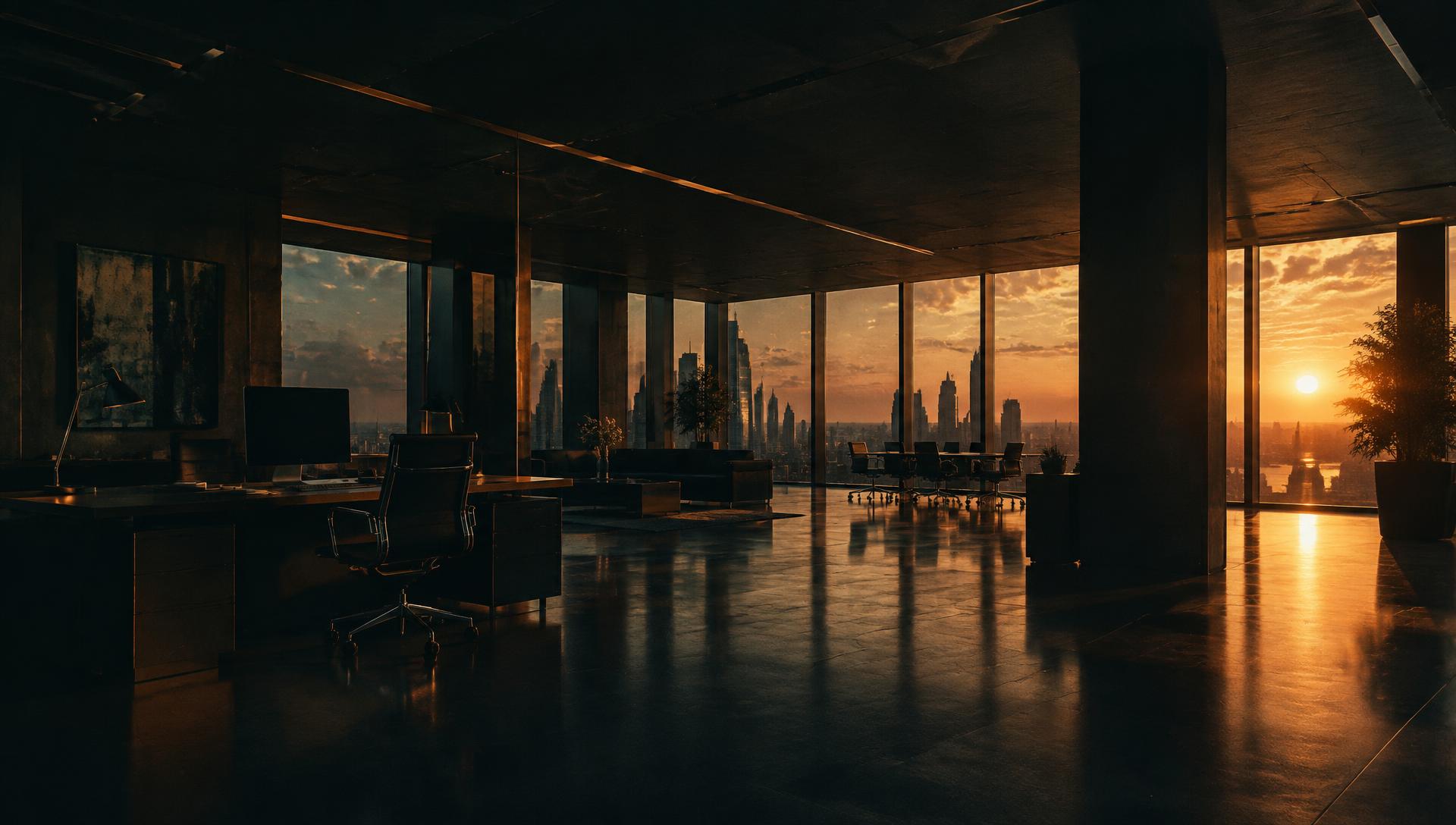 Modern office at golden hour overlooking a city skyline