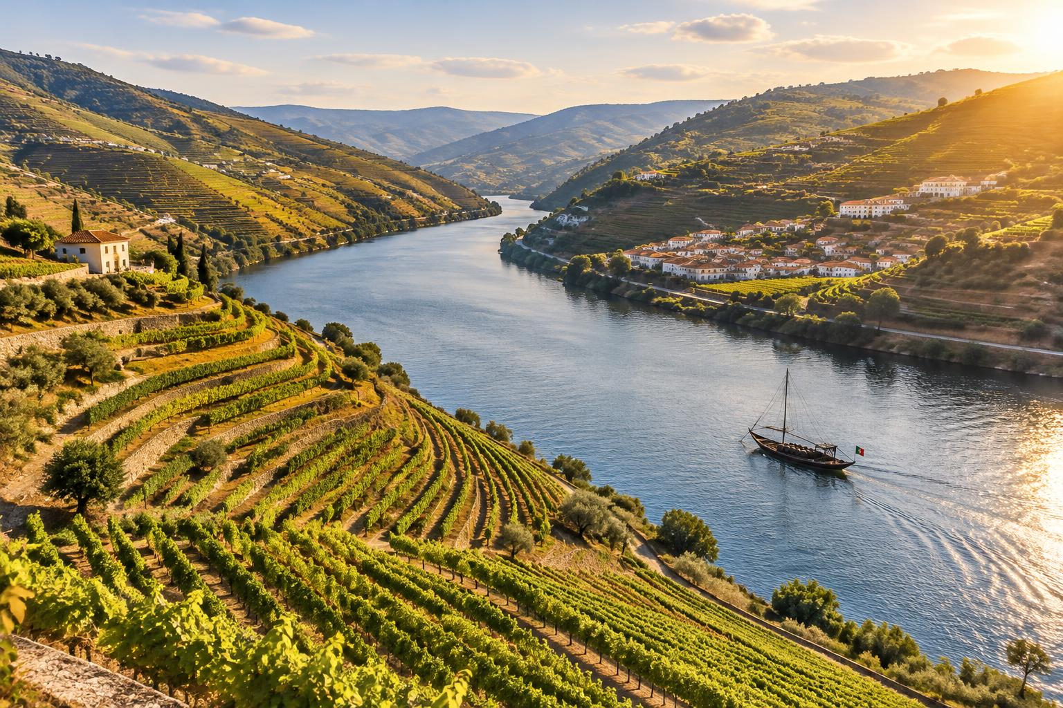Terraced vineyards along the Douro River in Portugal's Douro Valley