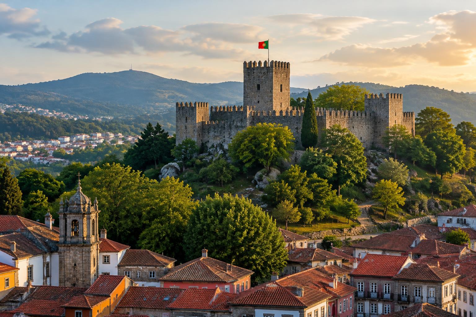 The hilltop castle above the old town of Guimarães, Portugal
