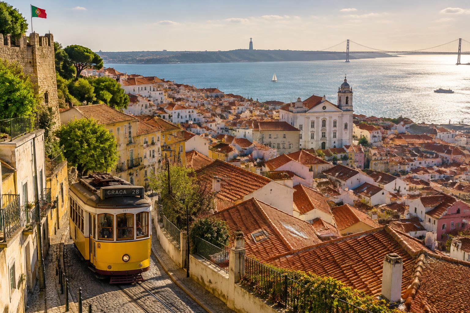 Tram 28 climbing through the Alfama district of Lisbon