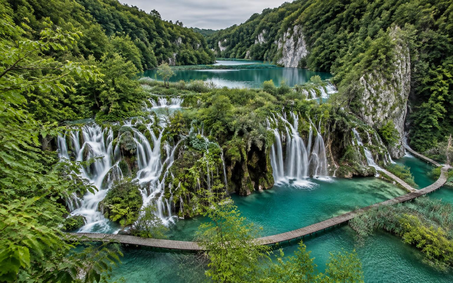 Waterfalls and lakes at Plitvice Lakes National Park in Croatia
