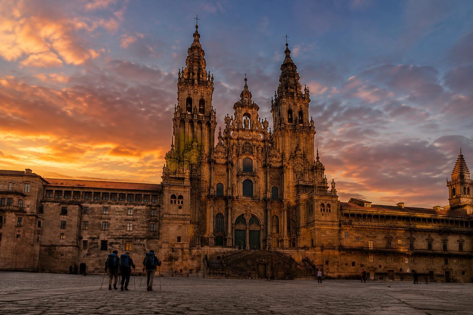 The Cathedral of Santiago de Compostela at dusk in Praza do Obradoiro