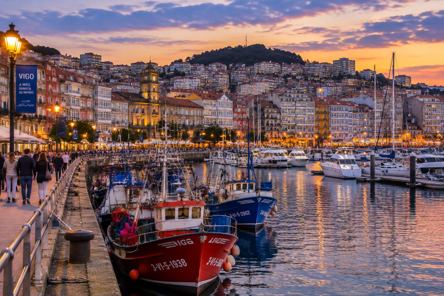 Vigo's harbor and old town at dusk in Galicia